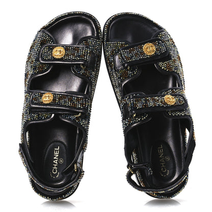 Chanel Grained Calfskin Crystal Velcro Dad Sandals 40 Black Multicolor 4 of 26