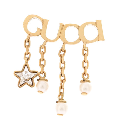Gucci Metal Crystal Pearl Script Drop Single Earring Gold 1 of 4