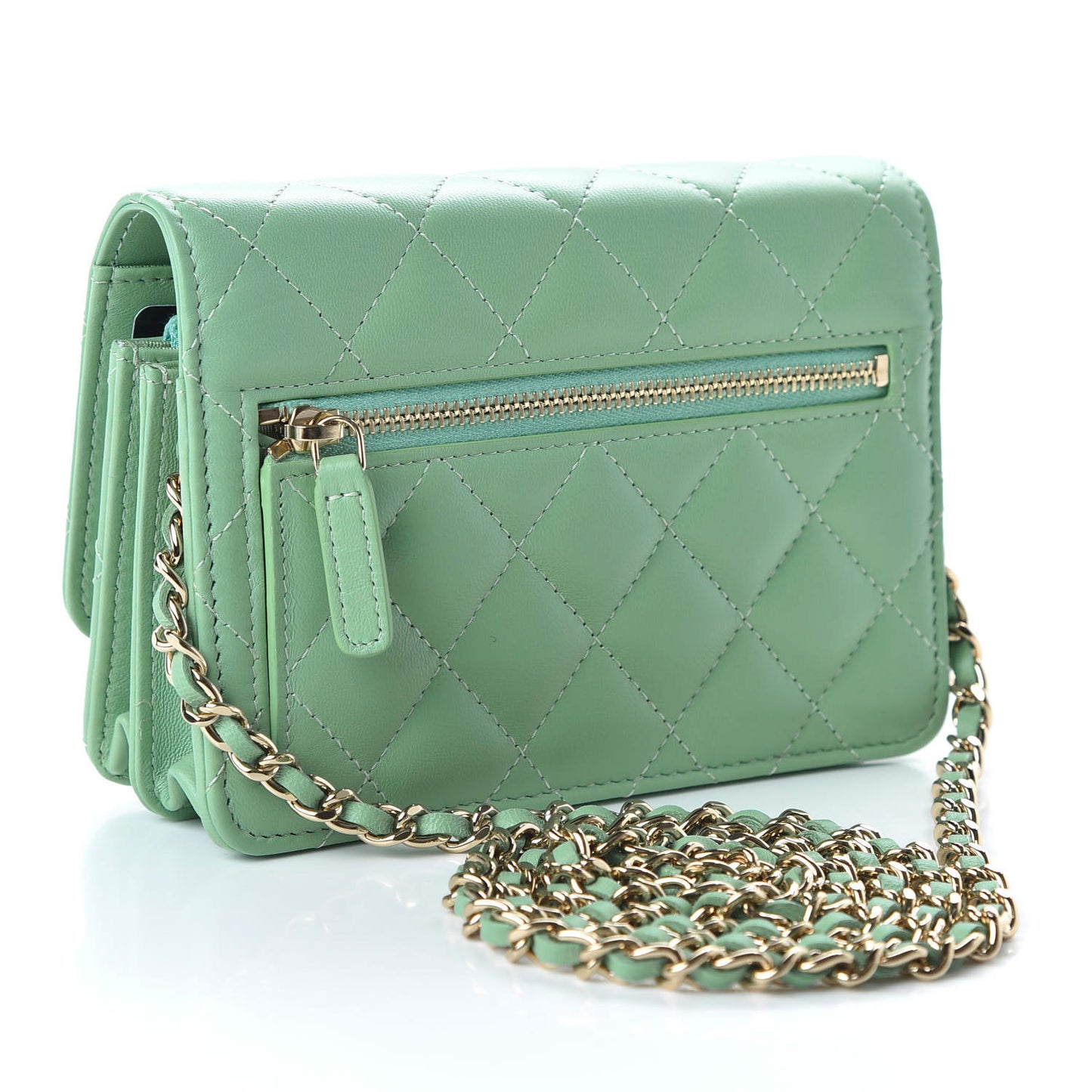 Lambskin Quilted Mini Wallet On Chain WOC Light Green