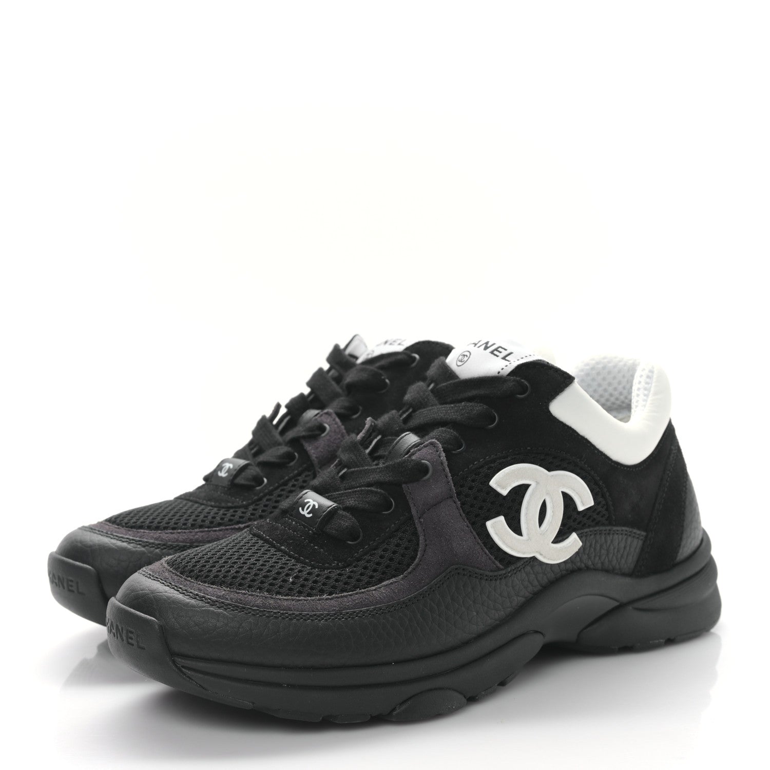Chanel Mesh Suede Grained Calfskin Womens CC Sneakers 37 Black White 3 of 8