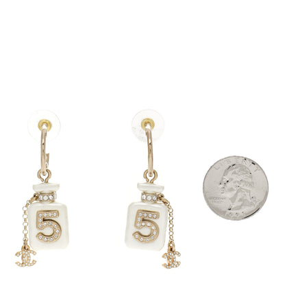 Chanel Pearl Resin Crystal CC No 5 Perfume Bottle Drop Earrings Gold Pearly White 2 of 4