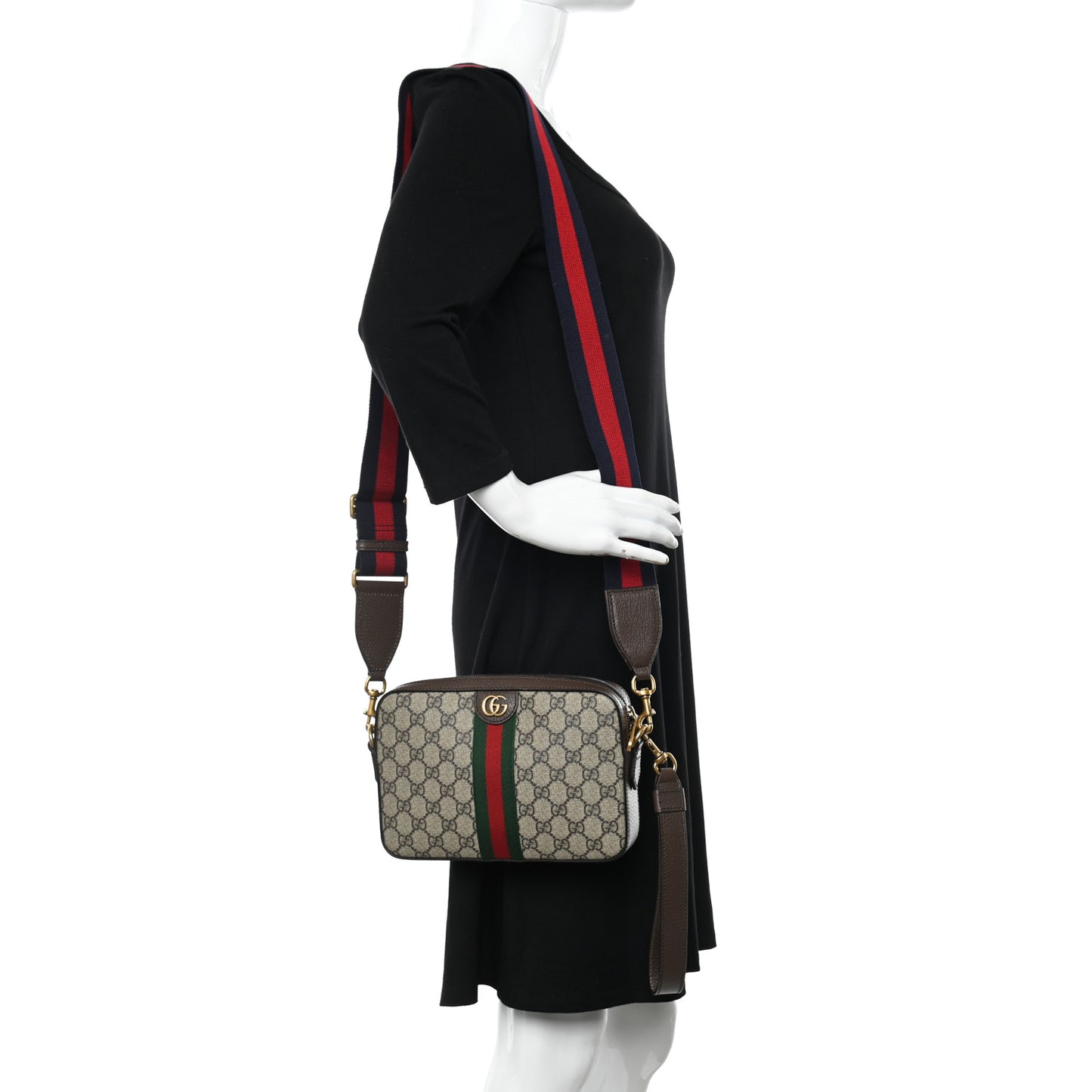 GG Supreme Monogram Textured Dollar Calfskin Web Ophidia Wristlet Shoulder Bag Beige Ebony New Acero