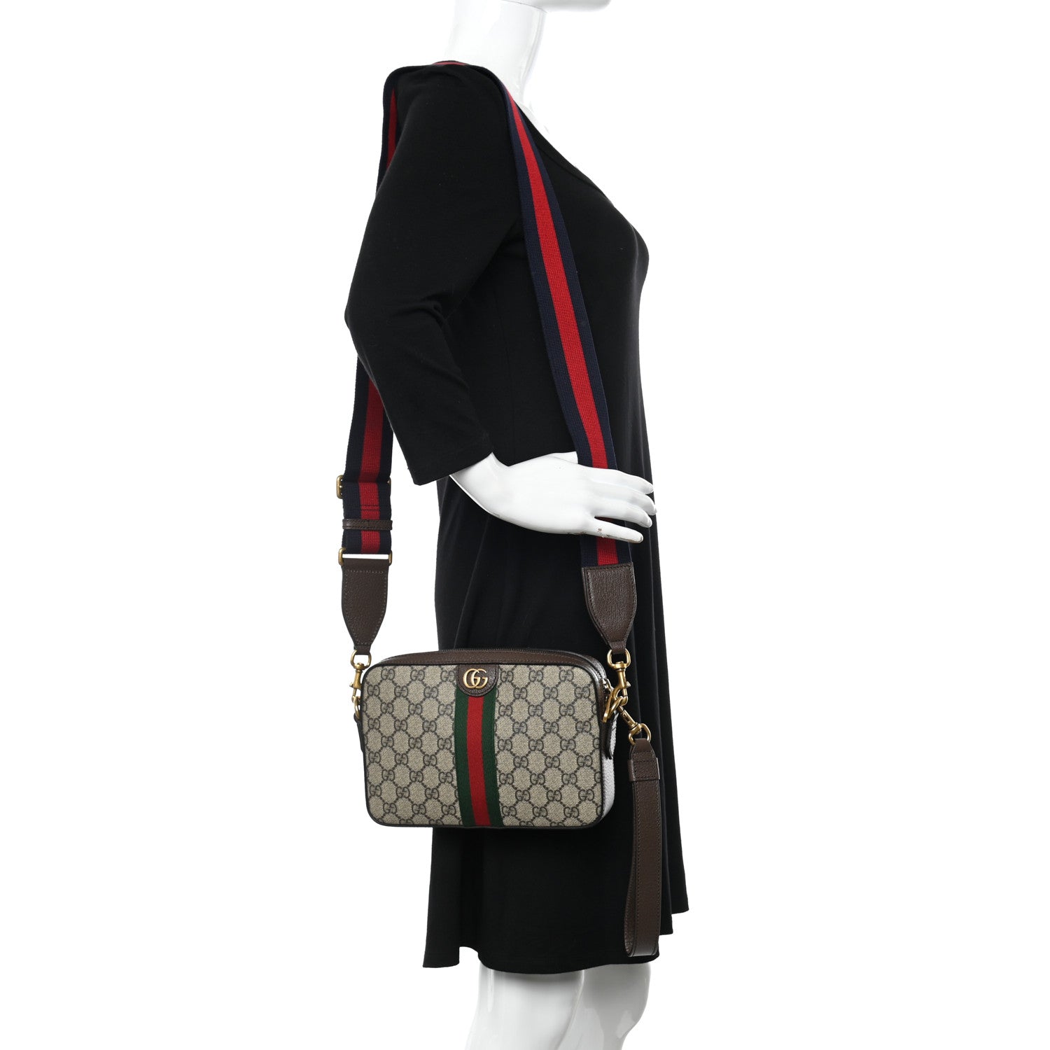 Gucci GG Supreme Monogram Textured Dollar Calfskin Web Ophidia Wristlet Shoulder Bag Beige Ebony New Acero 2 of 11