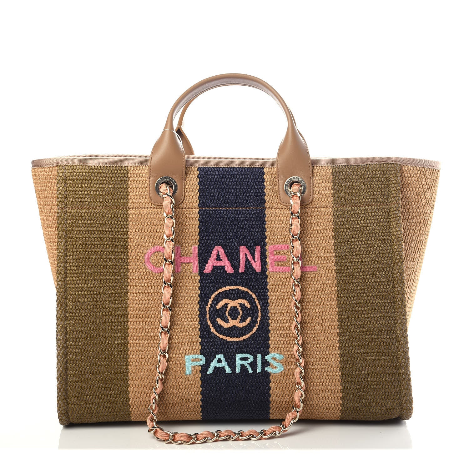 Chanel Straw Raffia Calfskin Striped Medium Deauville Tote Khaki Beige Navy Blue 1 of 10
