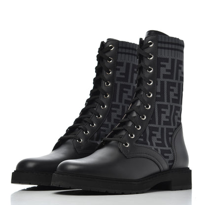 Fendi Calfskin Stretch Fabric FF Rockoko Biker Boots 40 Black Charcoal 3 of 8