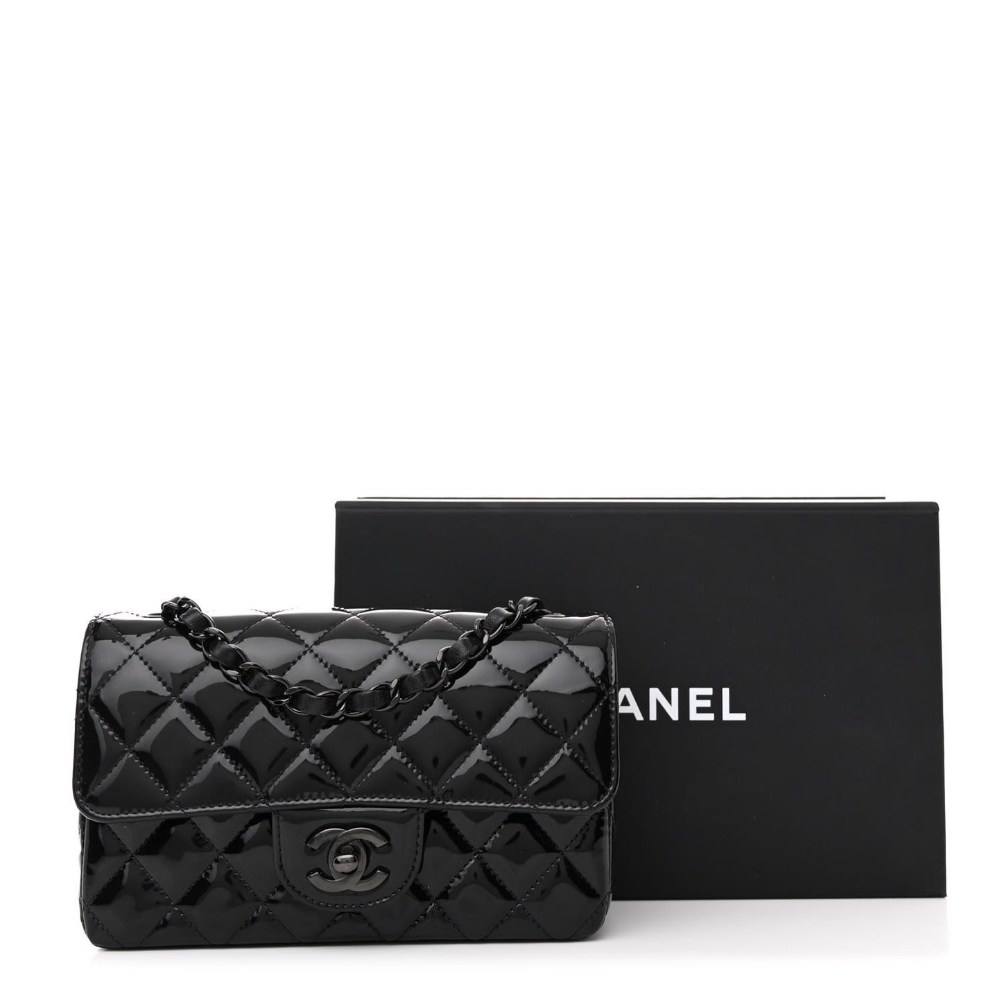 Patent Calfskin Quilted Mini Rectangular Flap So Black
