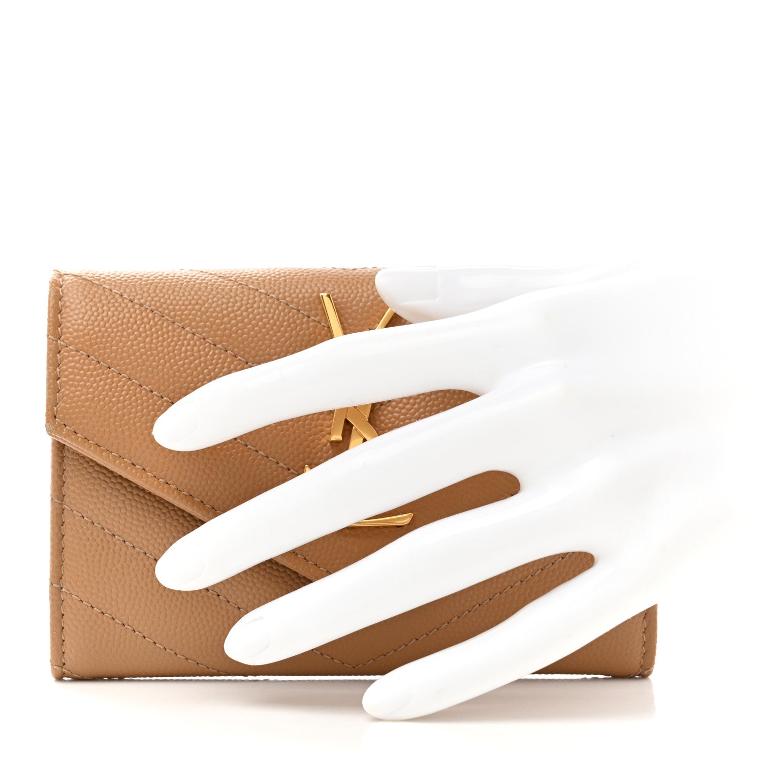 Saint Laurent Grain De Poudre Matelasse Chevron Small Monogram Envelope Wallet Dark Beige 2 of 7