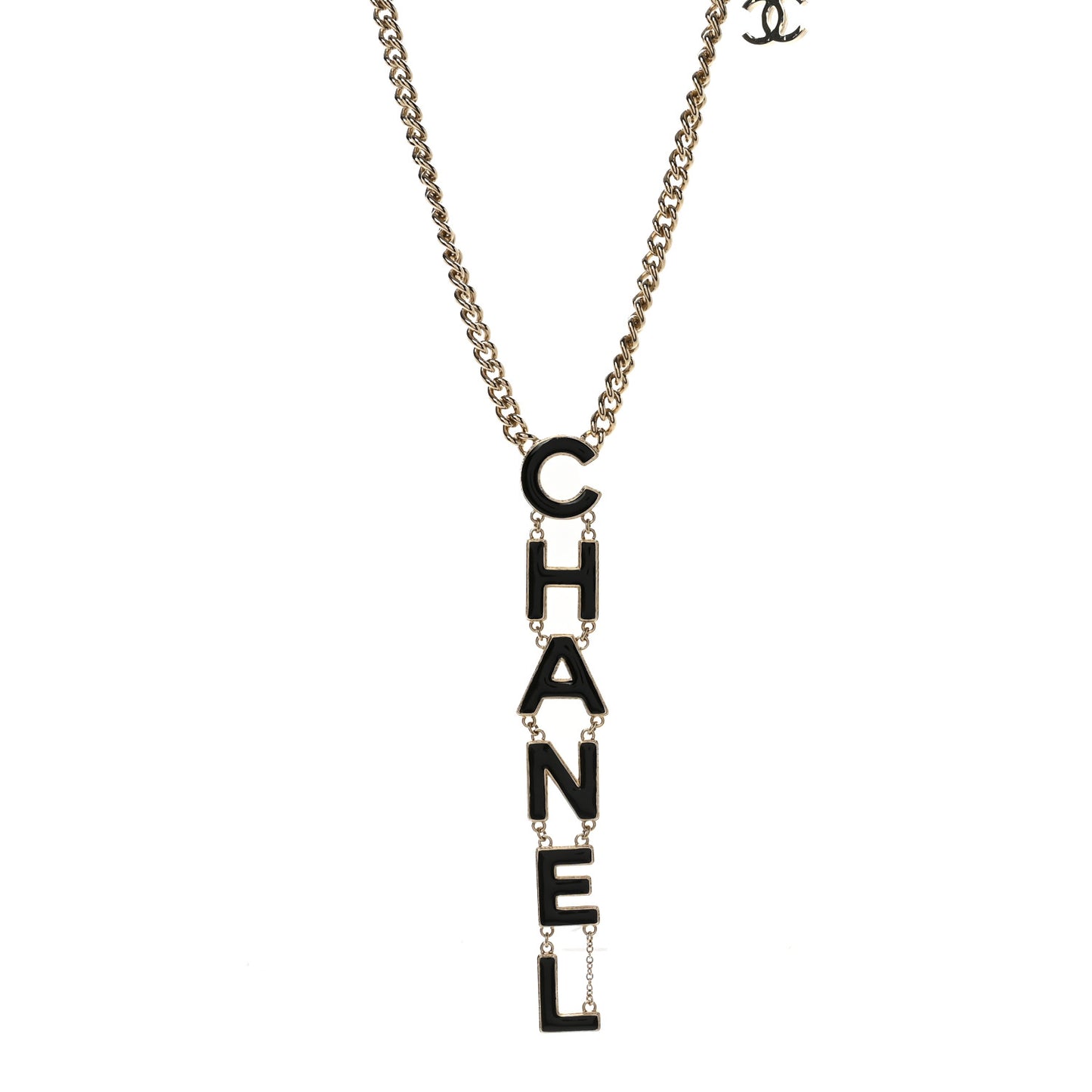 Metal Enamel Long Logo Necklace Gold Black