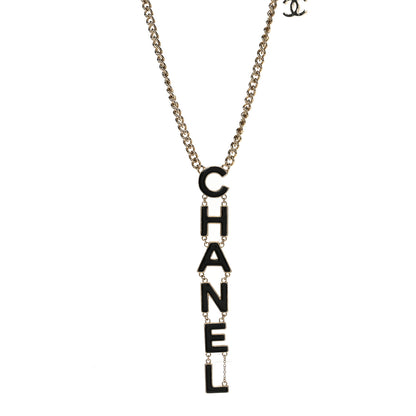 Chanel Metal Enamel Long Logo Necklace Gold Black 1 of 6