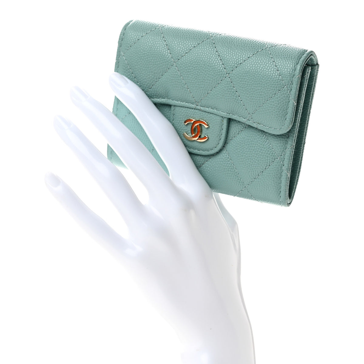 Caviar Quilted Flap Card Holder Wallet Light Green