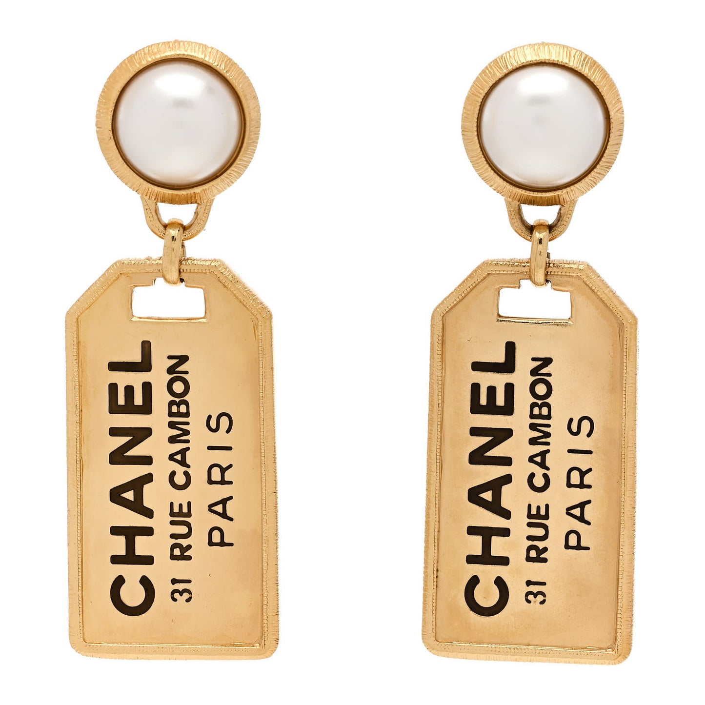 Pearl CC Tags Drop Earrings Gold