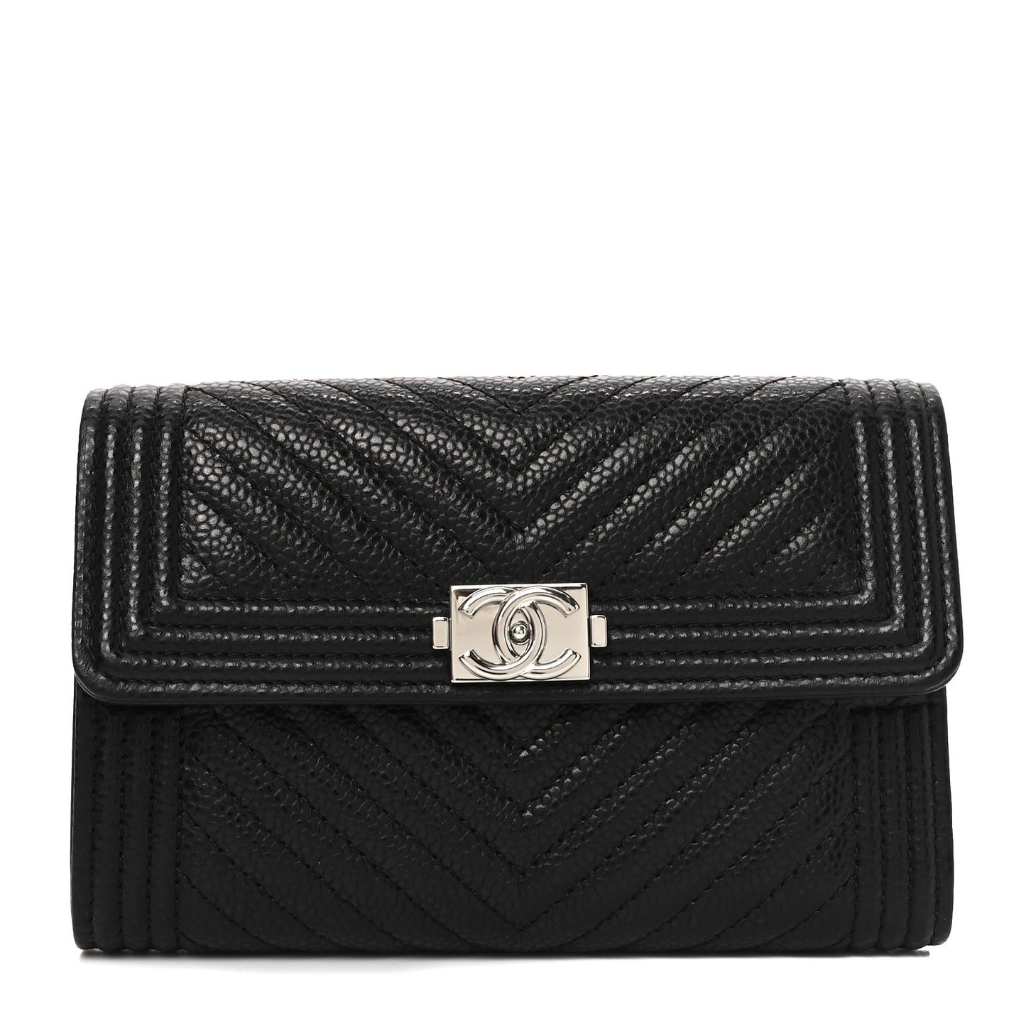 Caviar Chevron Quilted Medium Boy Flap Wallet Black