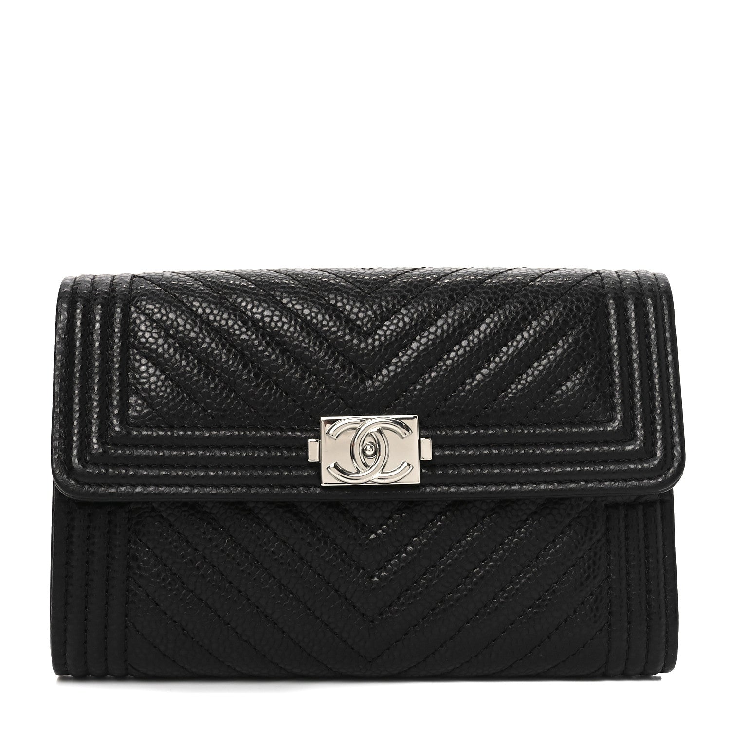 Chanel Caviar Chevron Quilted Medium Boy Flap Wallet Black 1 of 9