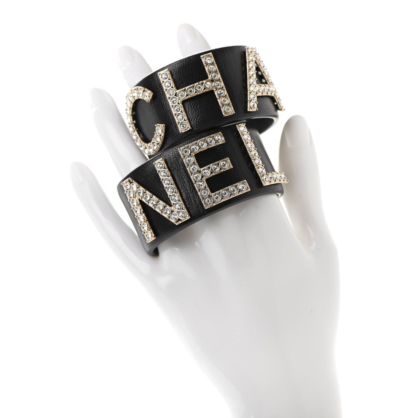 Crystal Lambskin Cha-Nel Logo Cuff Set S Gold Black