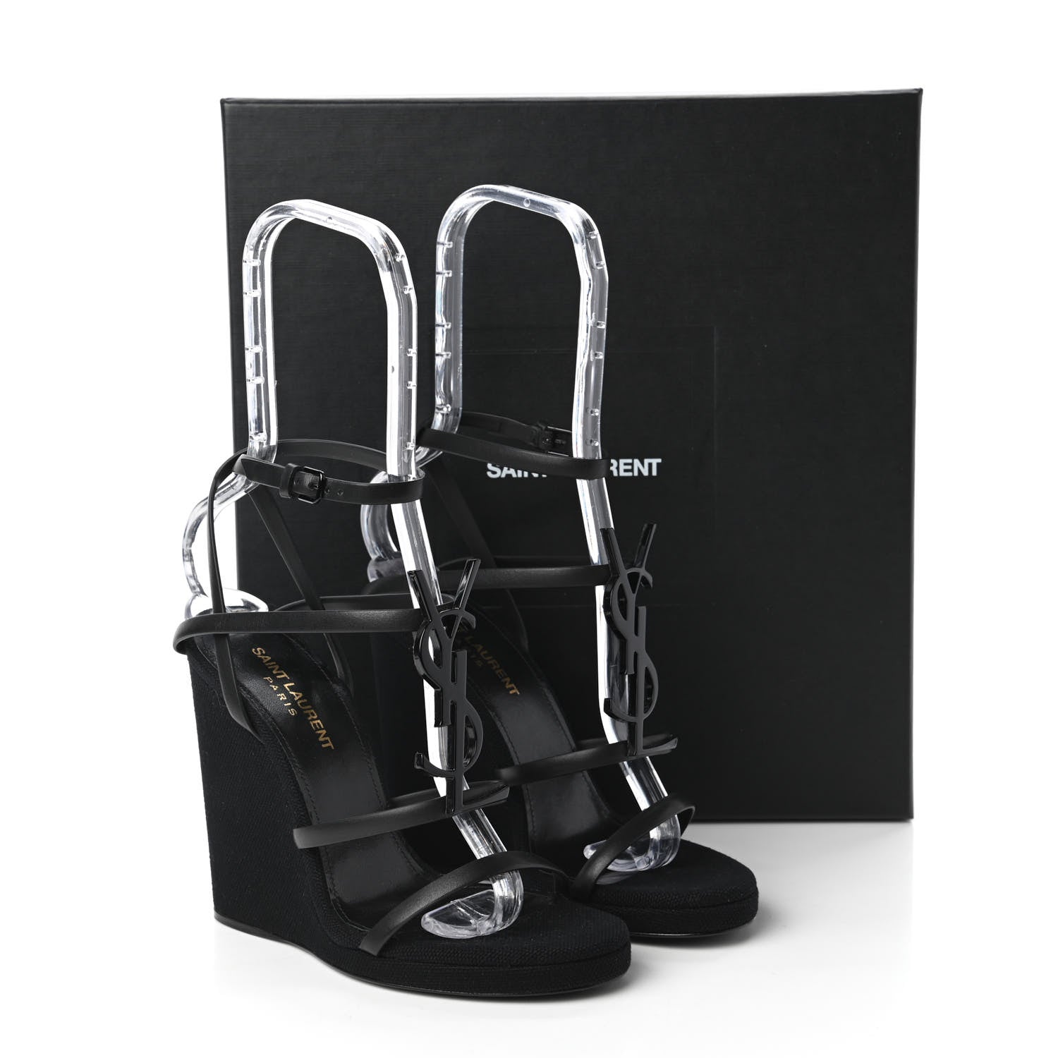 Saint Laurent Calfskin Canvas Cassandra 105 Wedge Sandals 36.5 Black 9 of 10