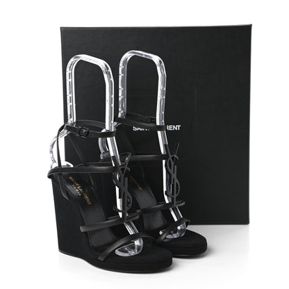 Saint Laurent Calfskin Canvas Cassandra 105 Wedge Sandals 36.5 Black 9 of 10