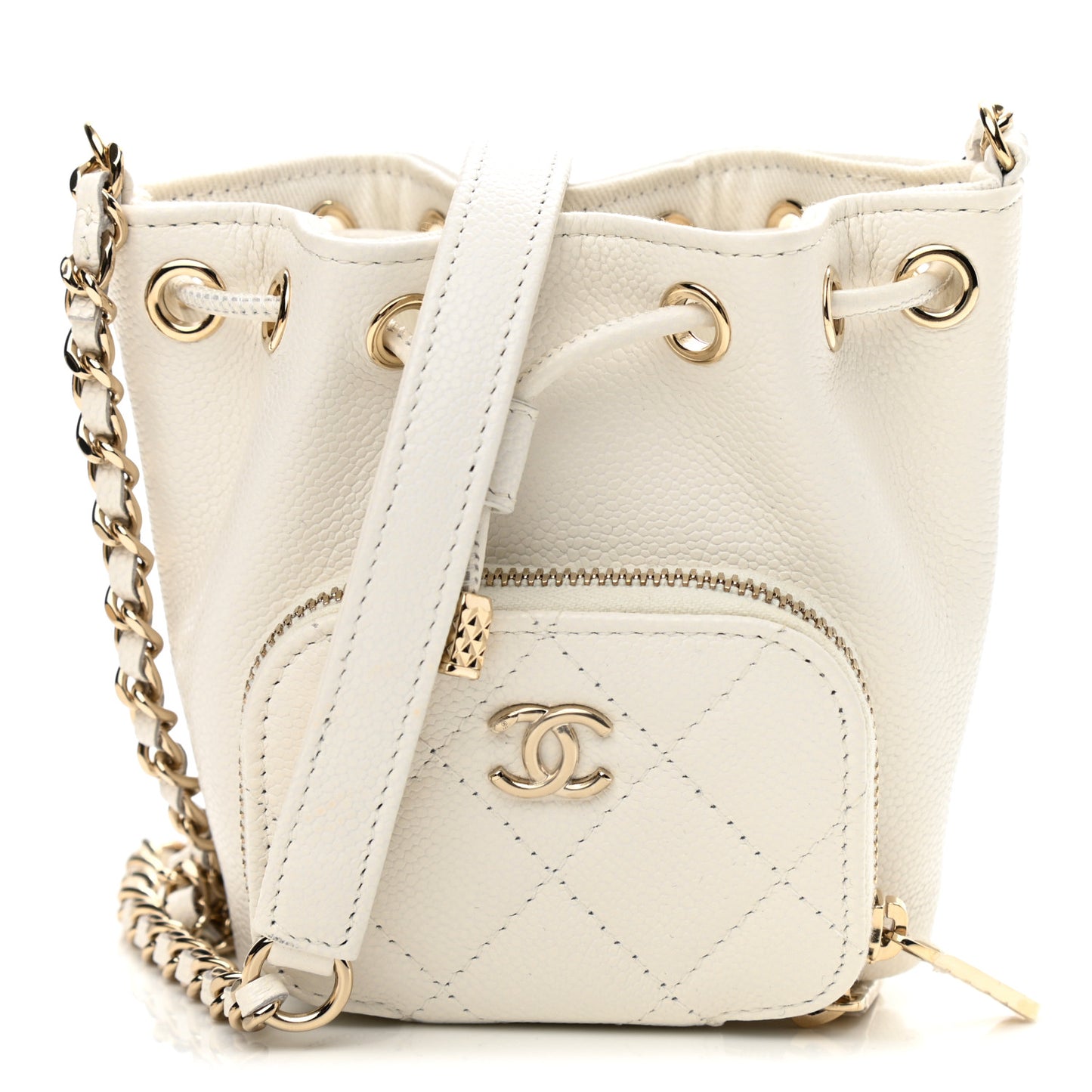 Caviar Quilted Mini CC Pocket Bucket Bag White