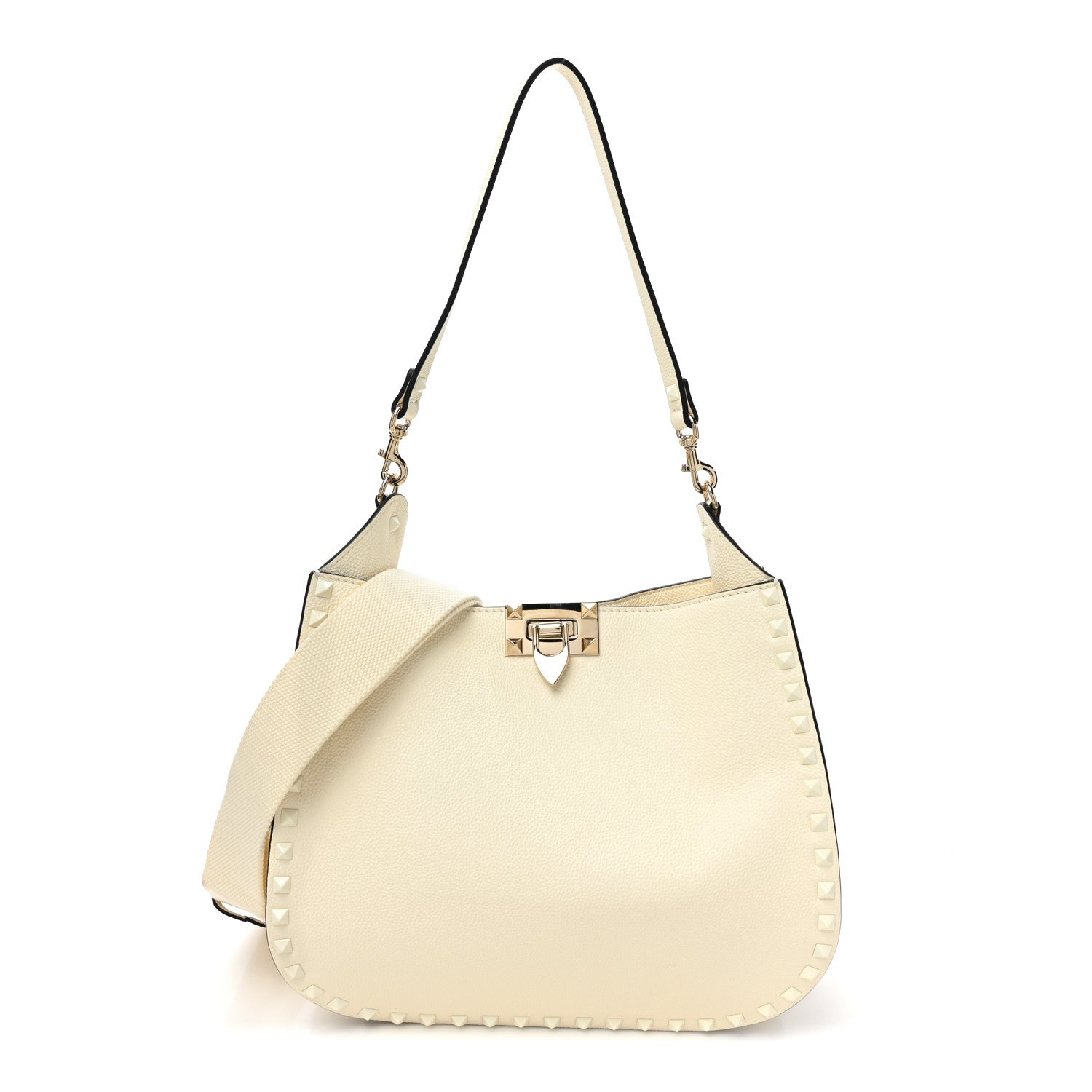 Valentino Garavani Grainy Calfskin Rockstud Flip-Lock Hobo Bag Ivory 1 of 9