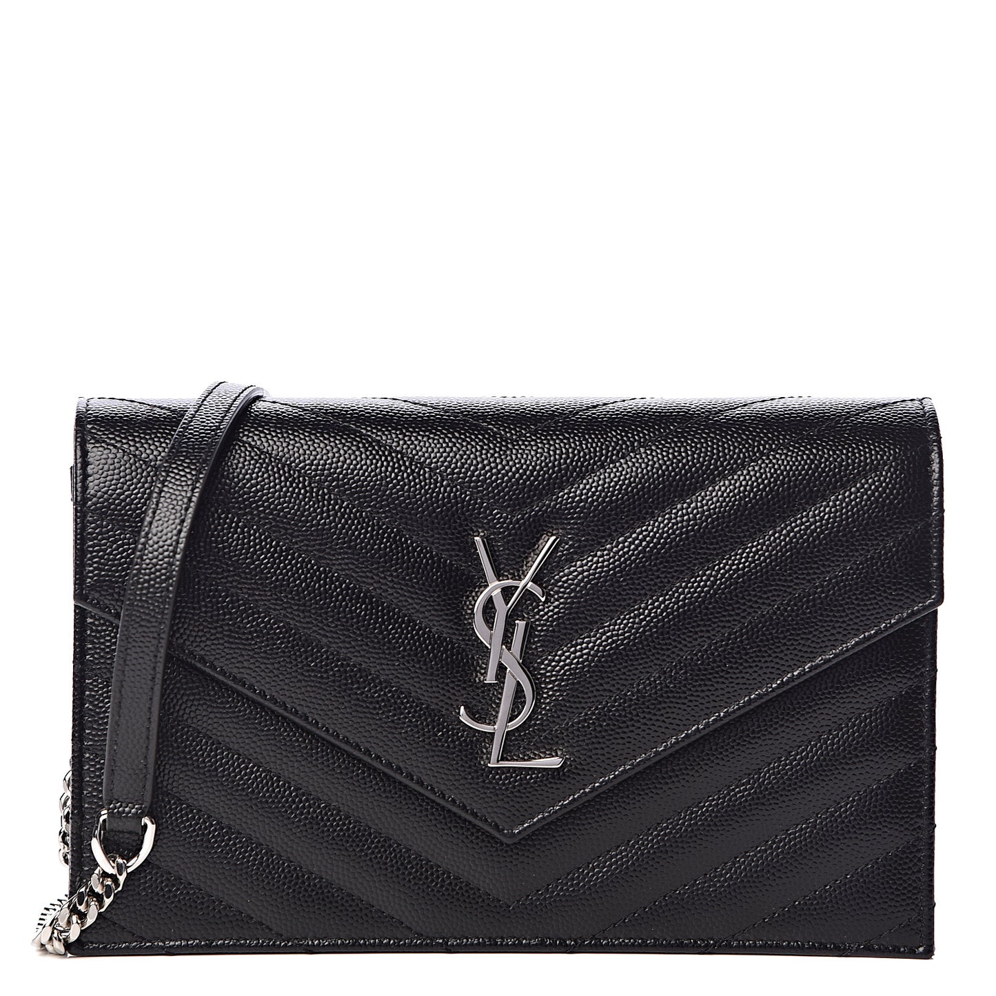 Grain De Poudre Matelasse Chevron Monogram Envelope Chain Wallet Black