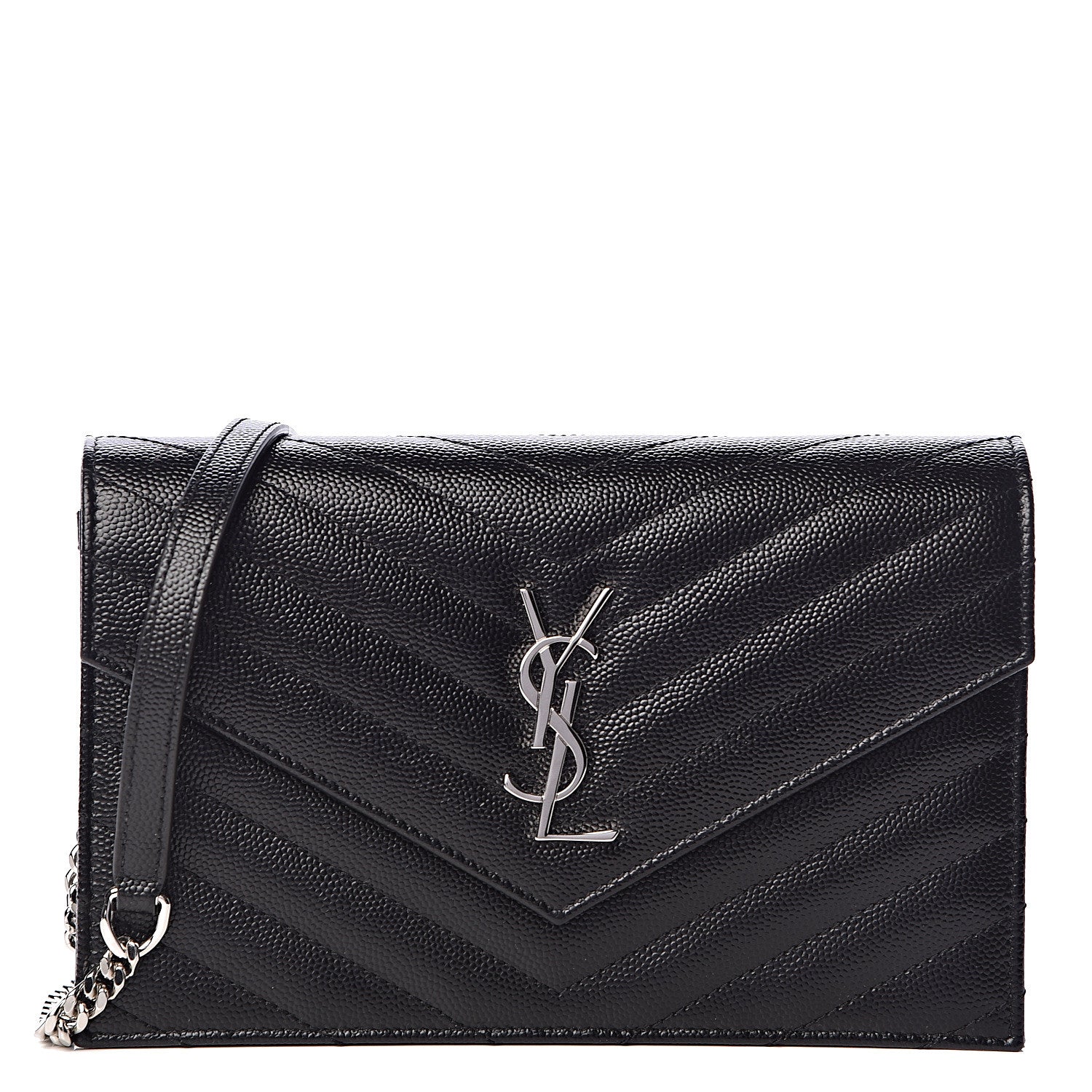 Saint Laurent Grain De Poudre Matelasse Chevron Monogram Envelope Chain Wallet Black 1 of 10