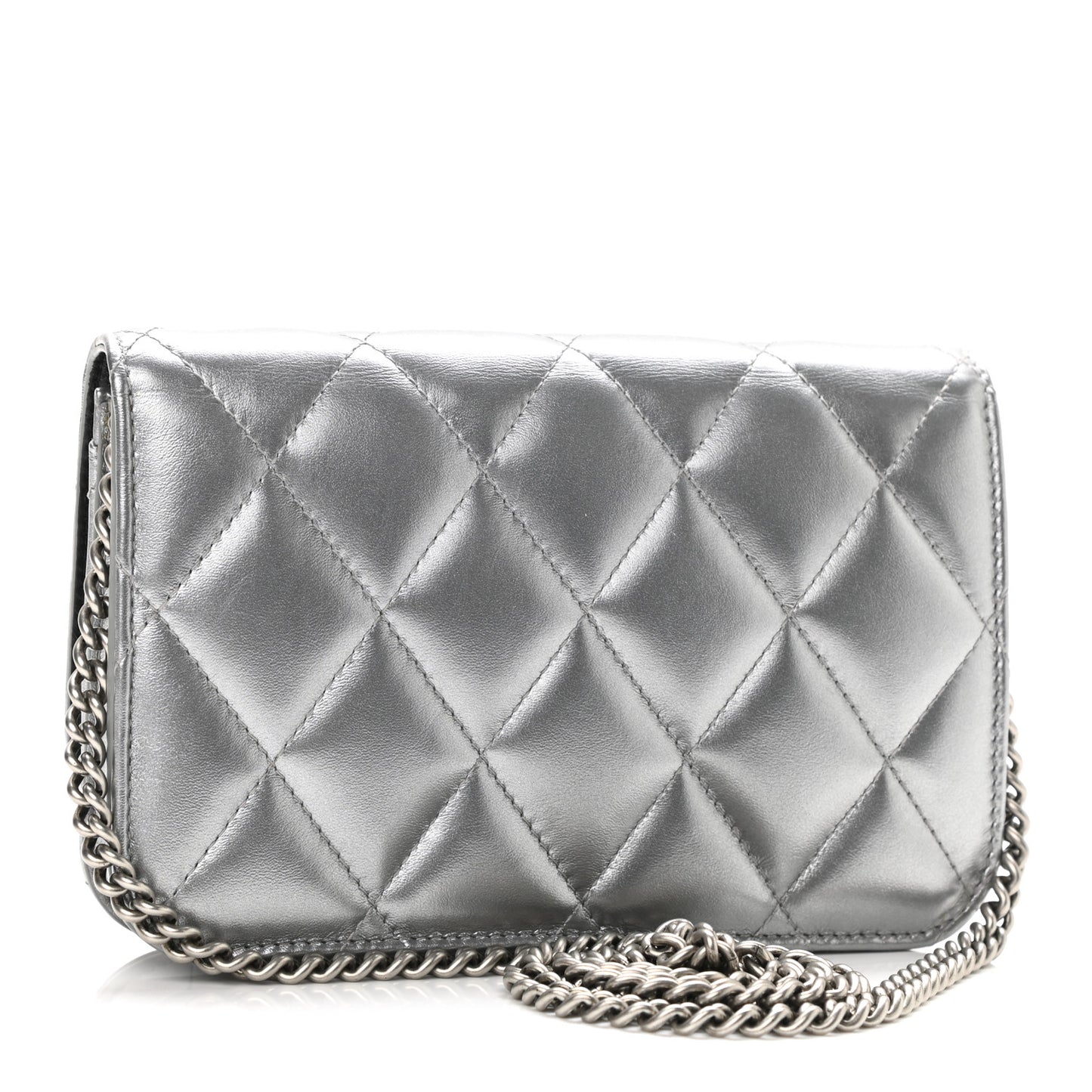 Metallic Calfskin Quilted Touch B Wallet On Chain Silver