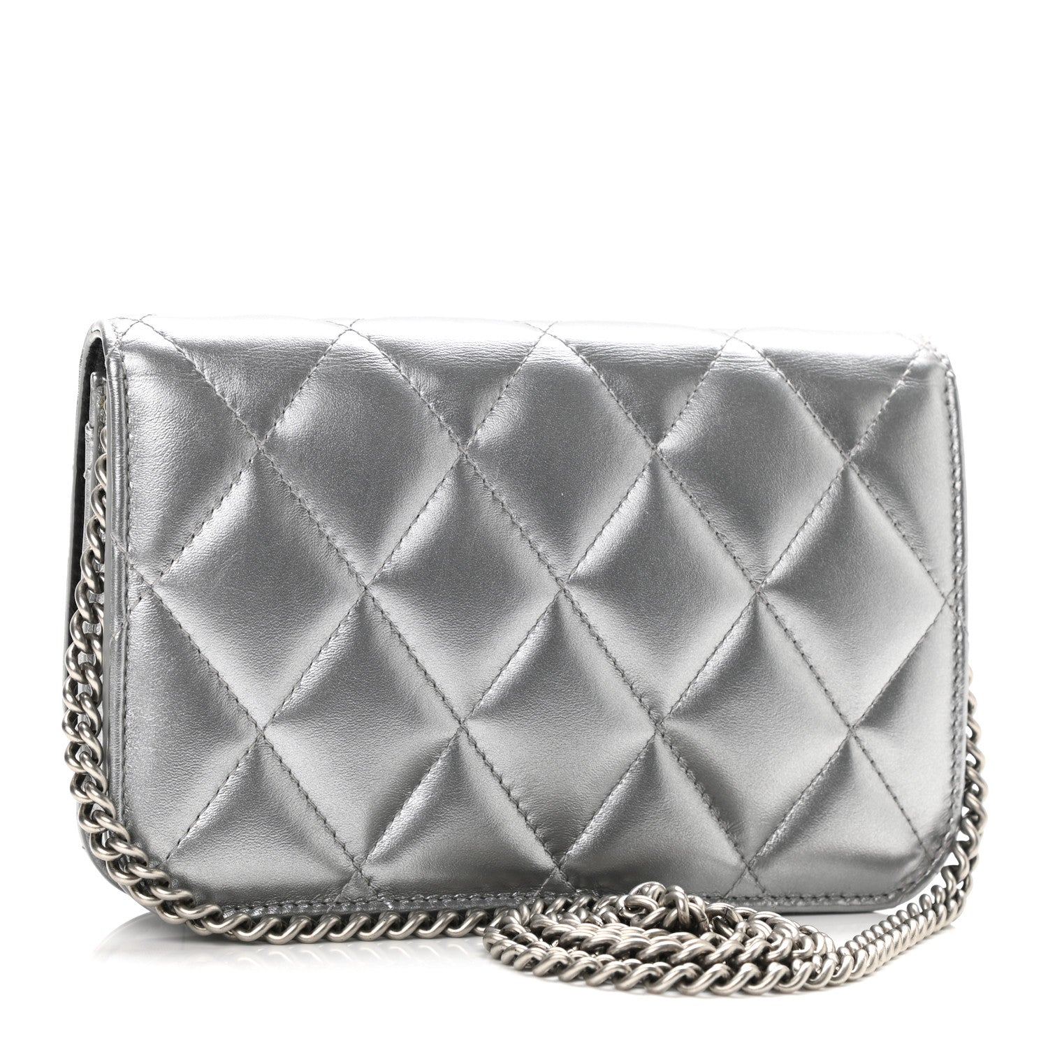 Balenciaga Metallic Calfskin Quilted Touch B Wallet On Chain Silver 3 of 9