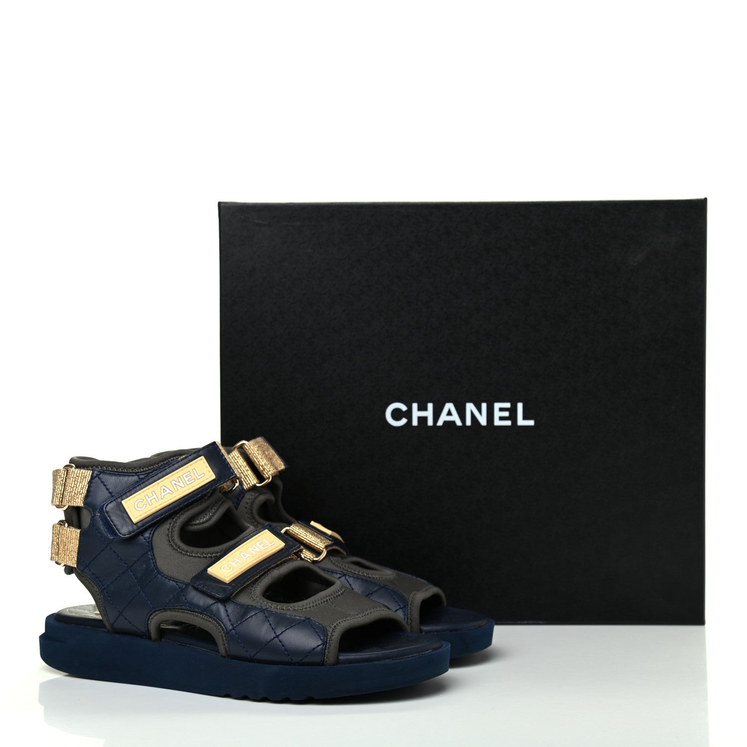 Chanel Goatskin Fabric Gladiator Sandals 36 Navy Blue Light Grey Yellow 11 of 11