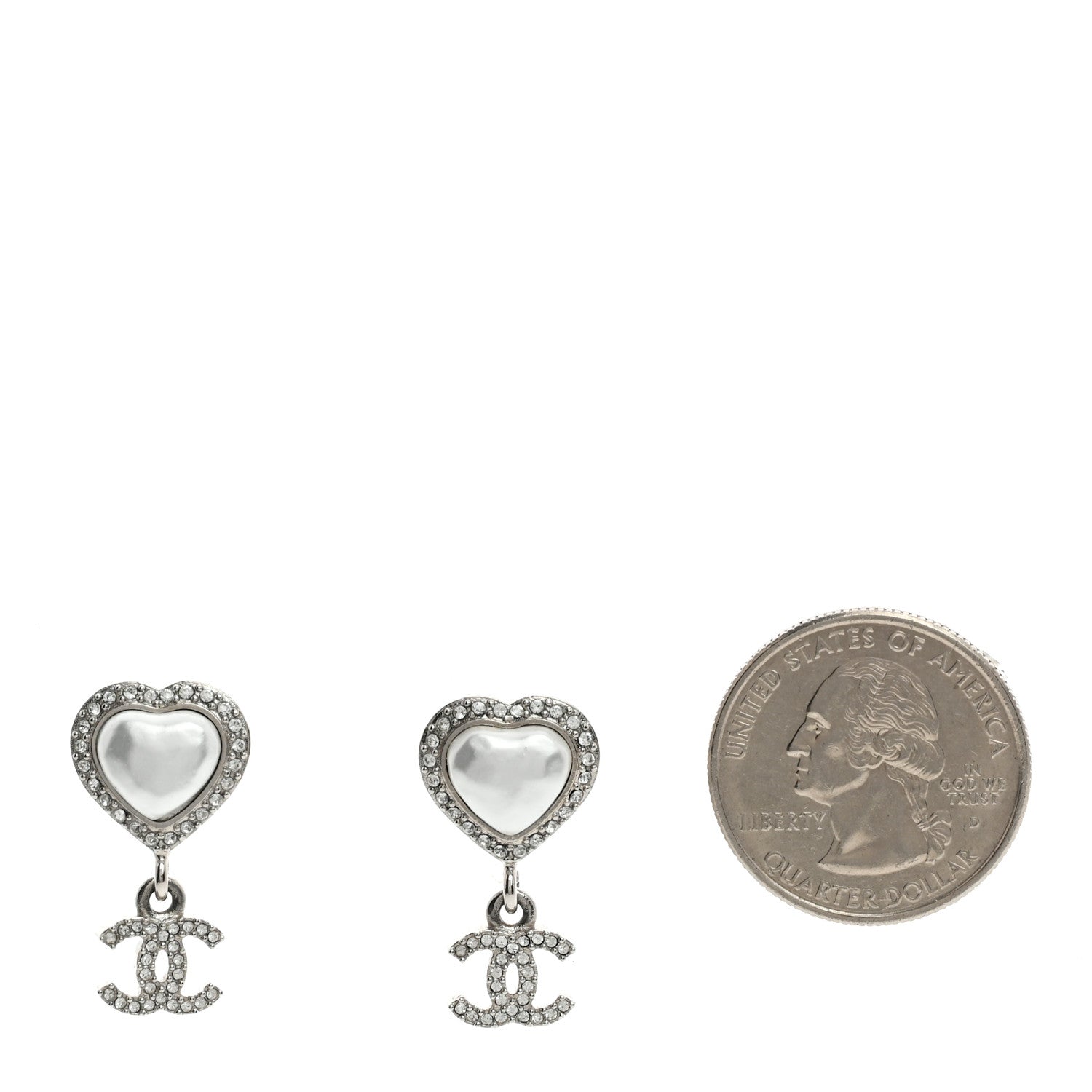 Chanel Pearl Crystal CC Heart Drop Earrings Silver 2 of 5