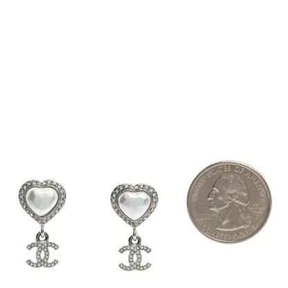 Chanel Pearl Crystal CC Heart Drop Earrings Silver 2 of 5