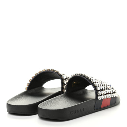 Gucci Calfskin Crystal Embellished Web Slide Sandals 37 Blue Red 4 of 7