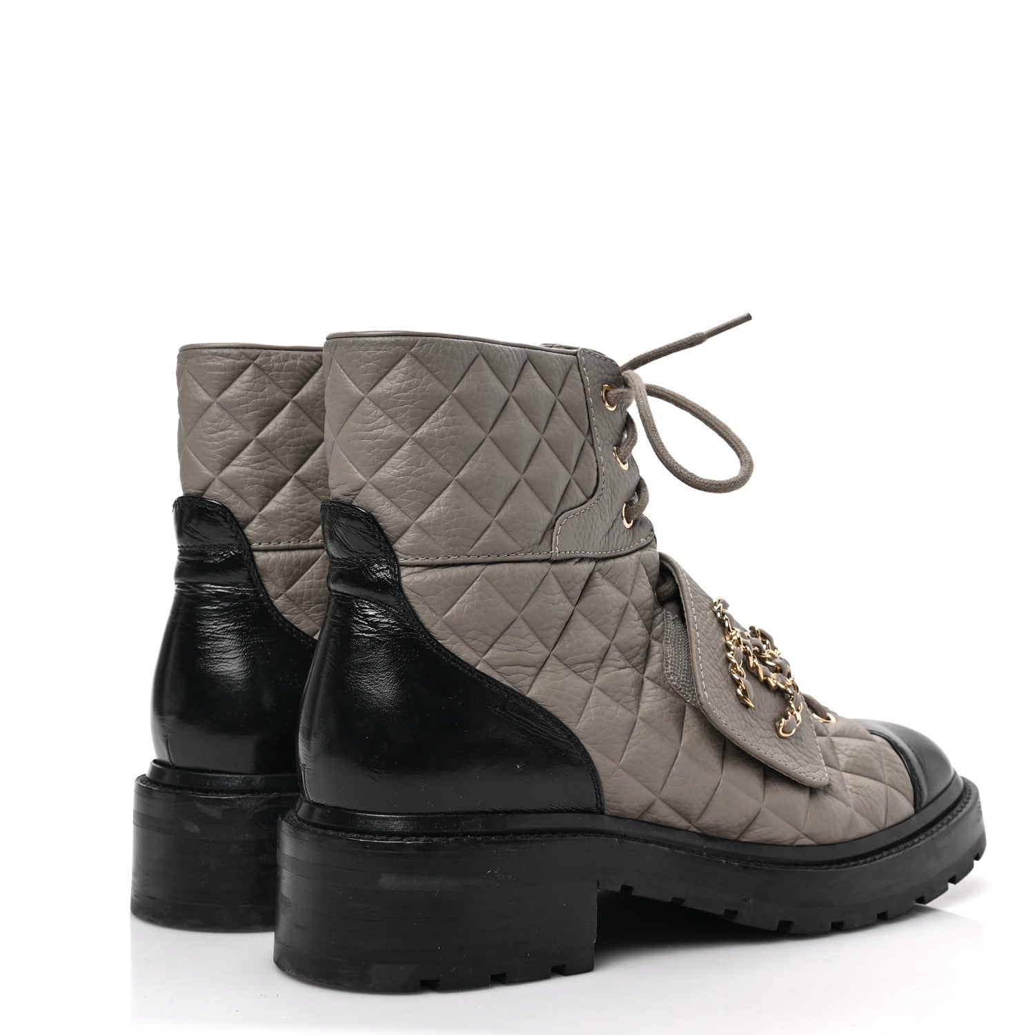 Chanel Calfskin Shiny Calfskin Quilted Lace Up Combat Boots 40 Dark Beige Black 4 of 7