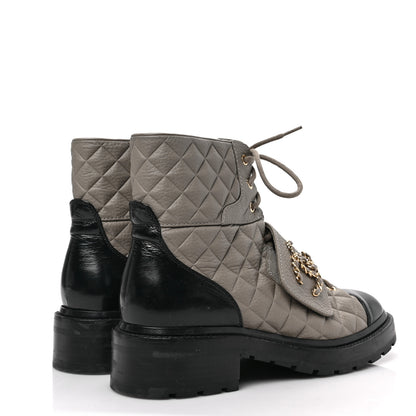 Chanel Calfskin Shiny Calfskin Quilted Lace Up Combat Boots 40 Dark Beige Black 4 of 7