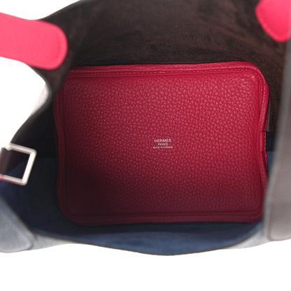 Hermes Taurillon Clemence Casaque Picotin Lock 18 PM Bleu Nuit Framboise Rouge Sellier 4 of 8