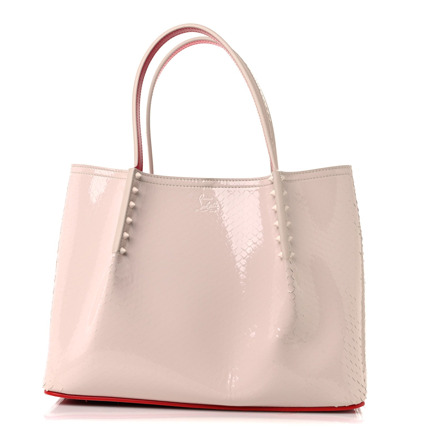 Christian Louboutin Patent Birdy Snakeskin Embossed Spiked Small Cabarock Shopper Tote Leche 1 of 11