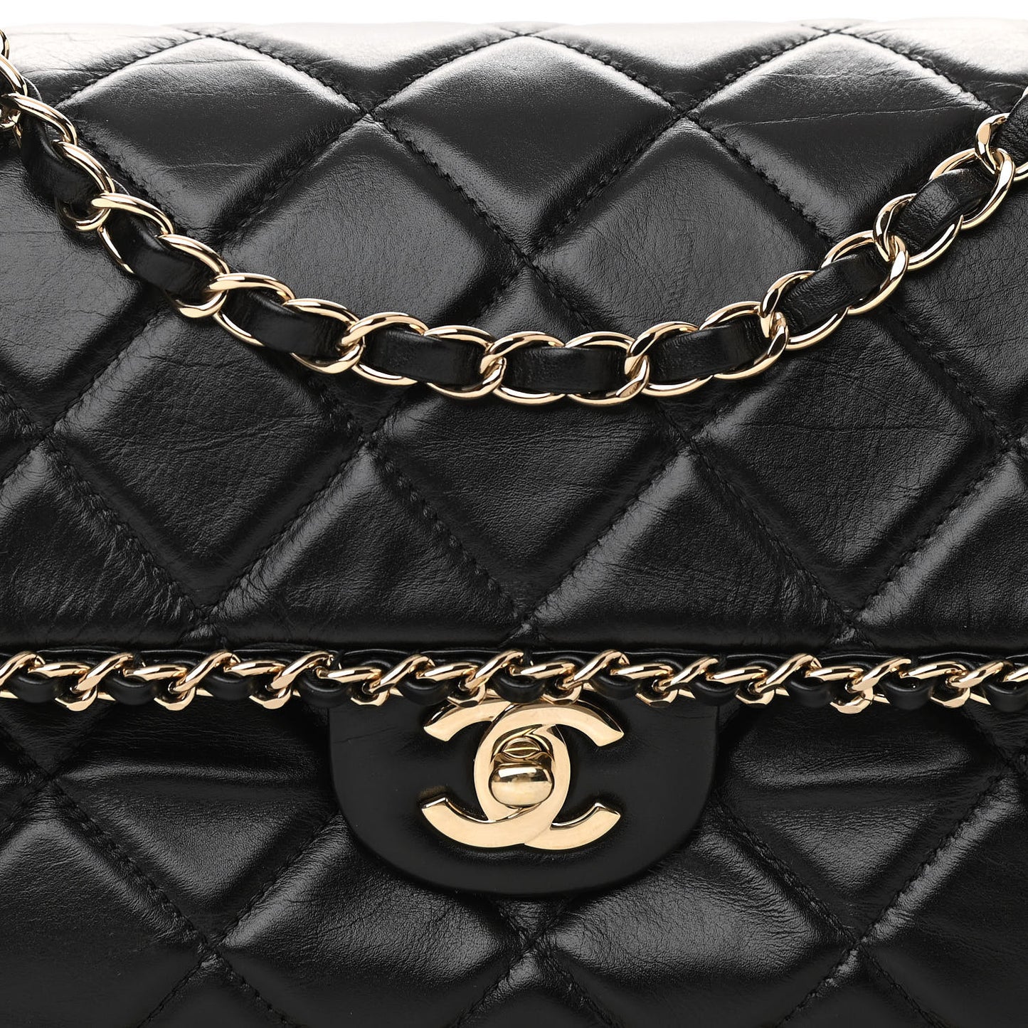Crumpled Calfskin Quilted Large Chain All Over Flap Bag Black