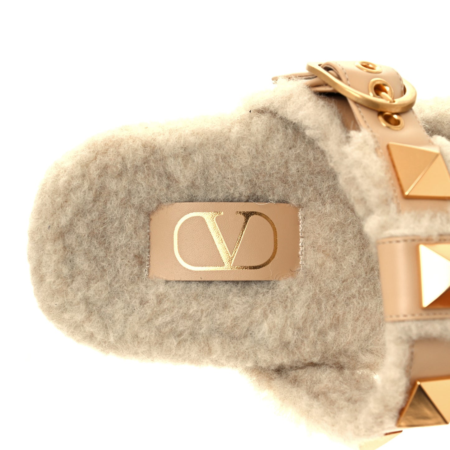 Shearling Roman Stud Slide Sandals 37 Sahara Beige