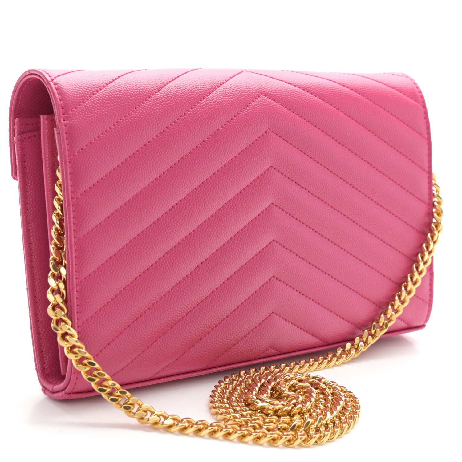 Saint Laurent Grain De Poudre Matelasse Chevron Monogram Chain Wallet Bubblegum 3 of 11