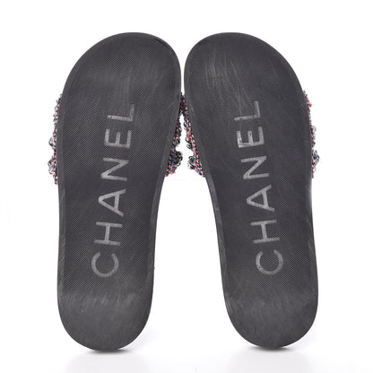 Chanel Tweed Lambskin Chain Flat Sandals 39 Black Multicolor 7 of 11