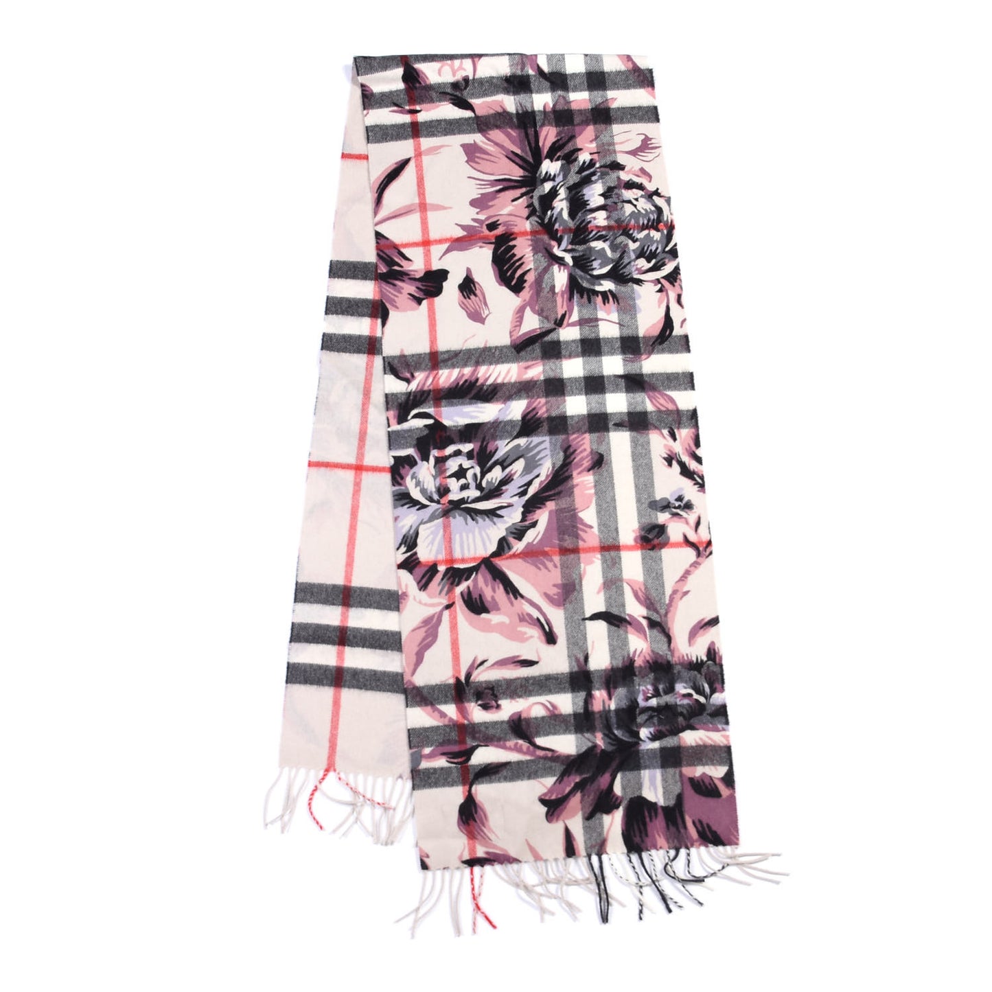 Cashmere Giant Check Floral Print Fringe Scarf