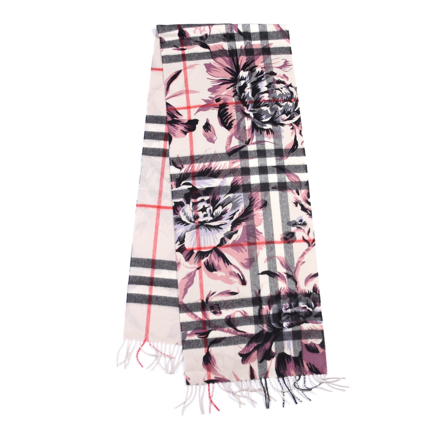 Burberry Cashmere Giant Check Floral Print Fringe Scarf 1 of 3