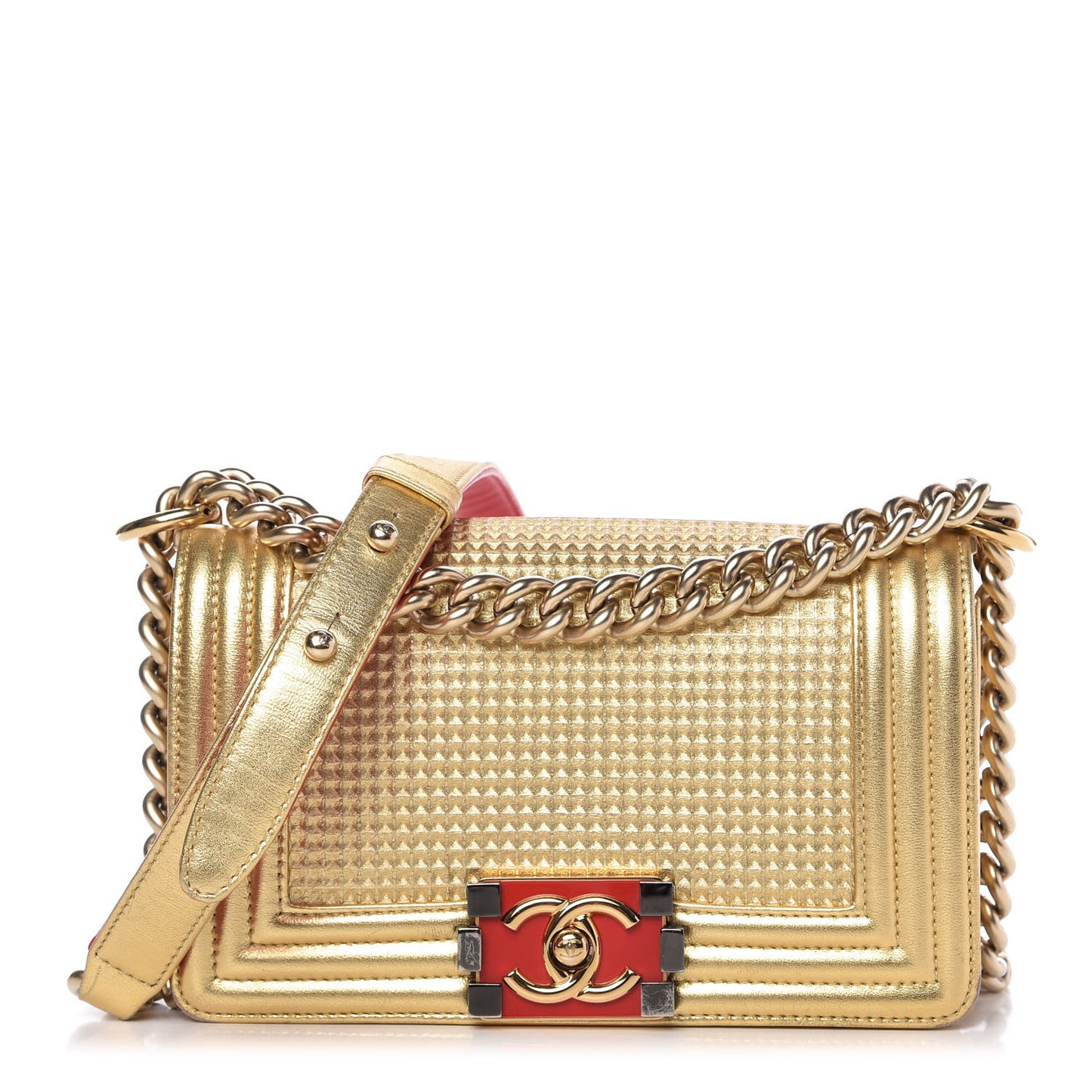 Metallic Lambskin Embossed Small Cube Boy Flap Gold