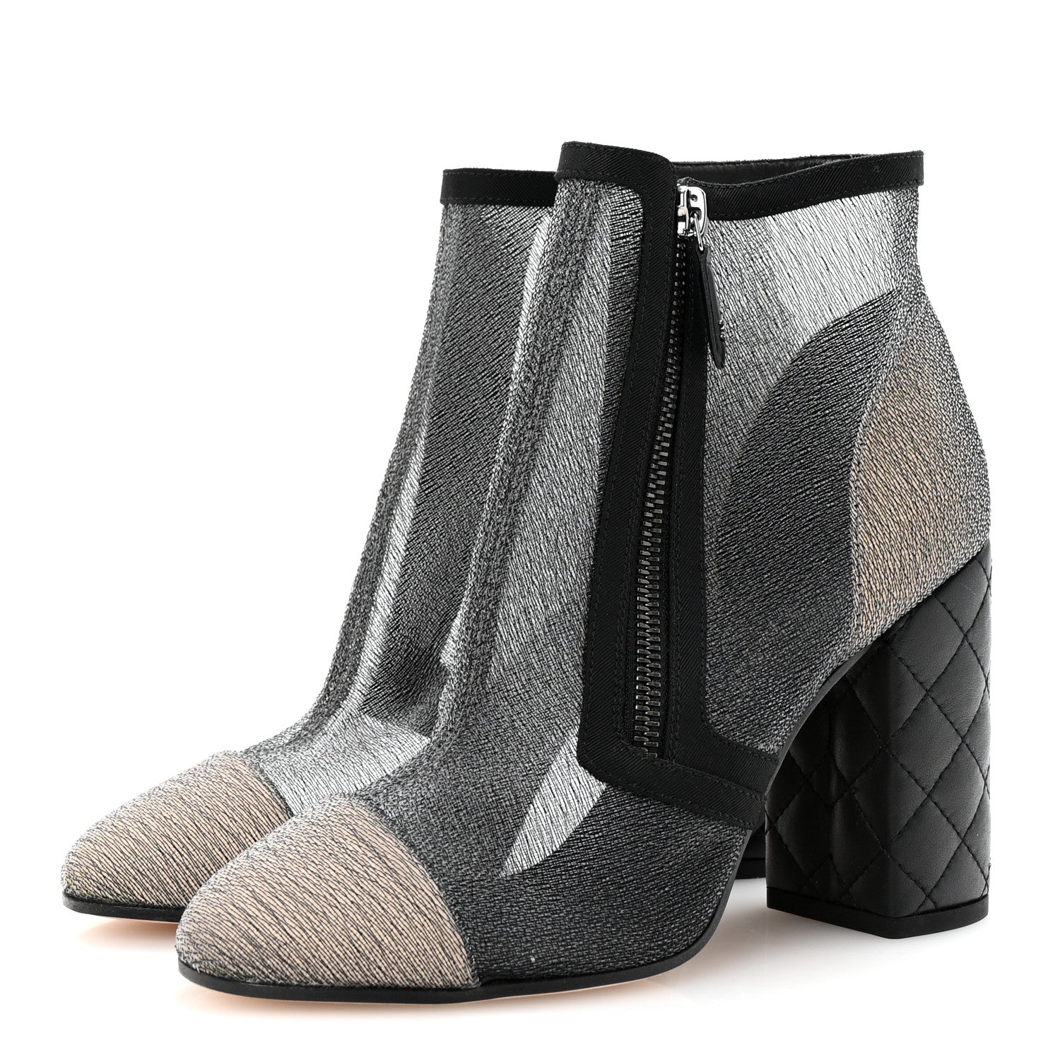 Chanel Mesh Grosgrain Cap Toe Short Boots 38 Grey Black 4 of 10