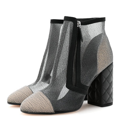 Chanel Mesh Grosgrain Cap Toe Short Boots 38 Grey Black 4 of 10