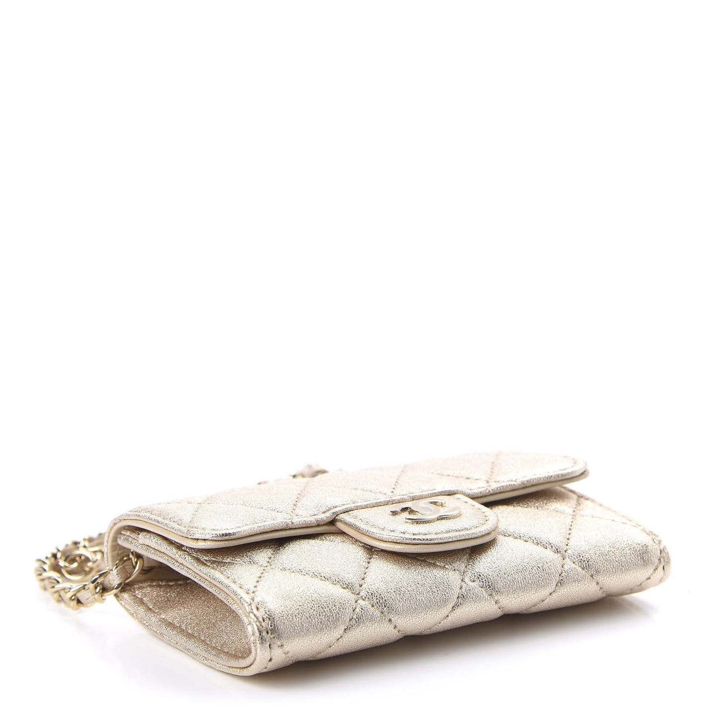Metallic Lambskin Quilted Flap Chain Waist Bag Gold