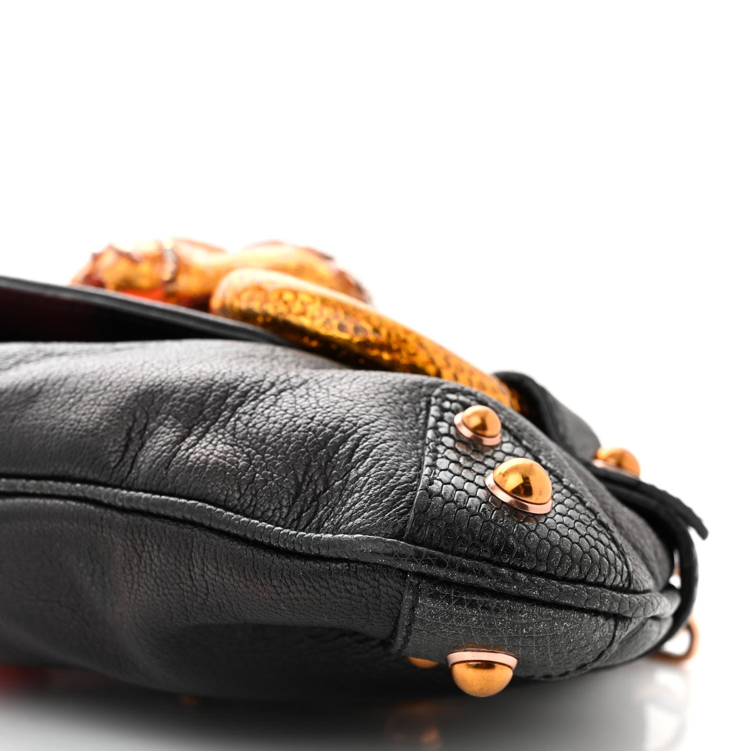 Gucci Calfskin Lizard Satin Studded Crystal Horsebit Clutch Pink Black 10 of 11