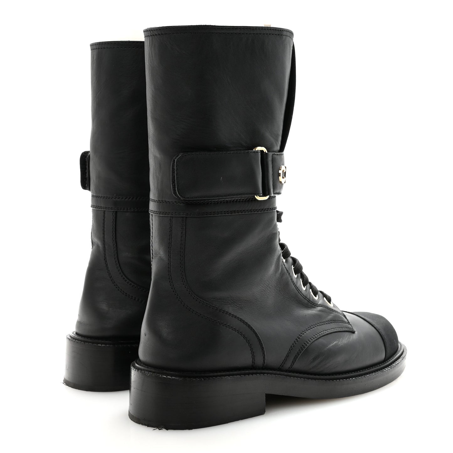 Shiny Calfskin Lace Up Combat Boots 37 Black