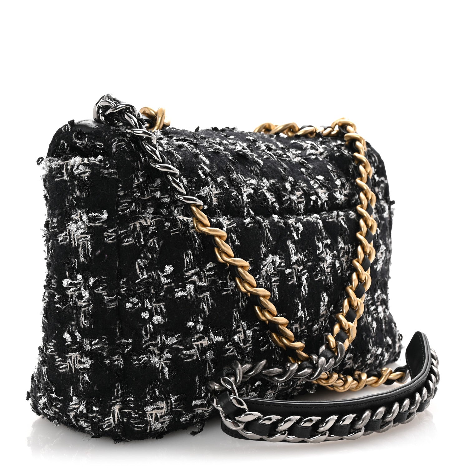 Chanel Tweed Quilted Large Chanel 19 Flap Black Silver Ecru 3 of 10