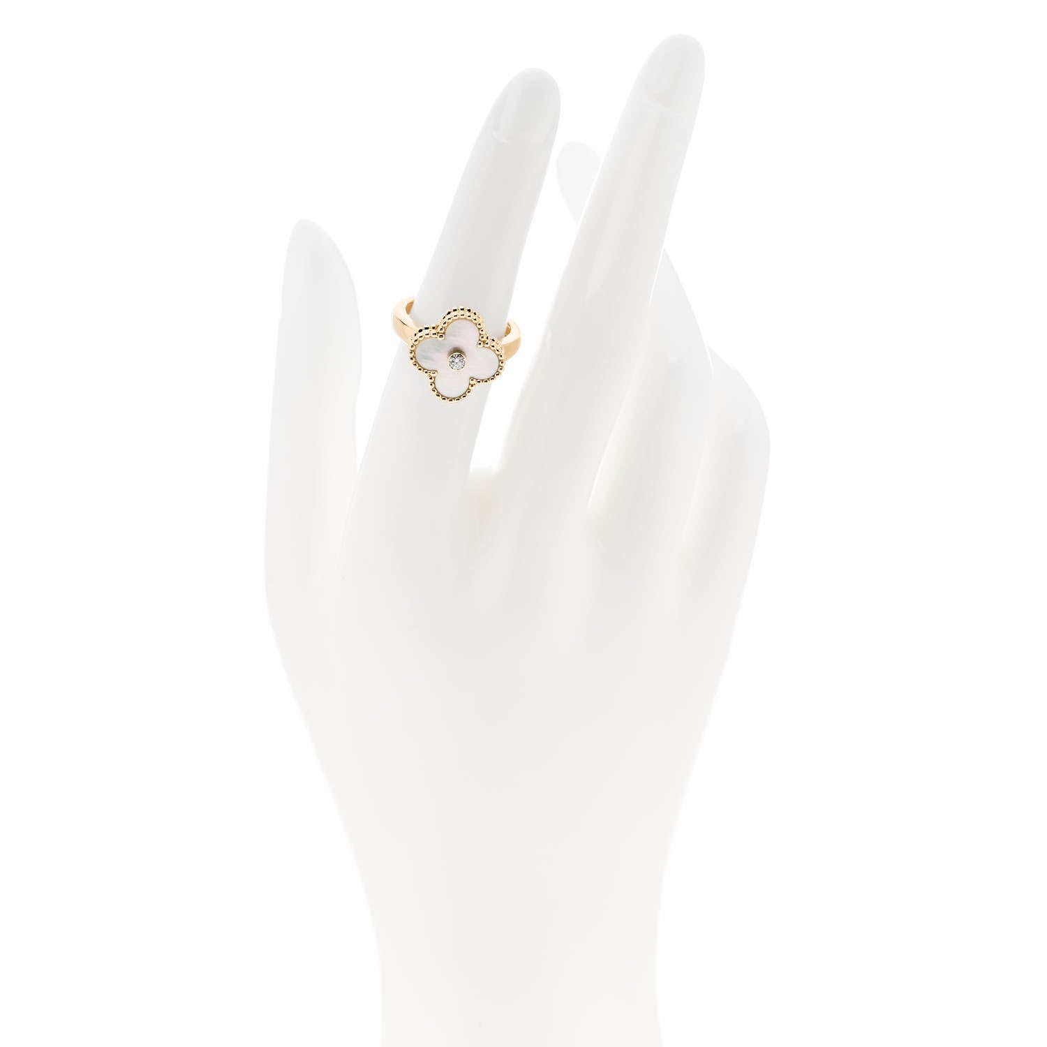 Van Cleef & Arpels 18K Yellow Gold Diamond Mother of Pearl Vintage Alhambra Ring 51 5.75 2 of 5