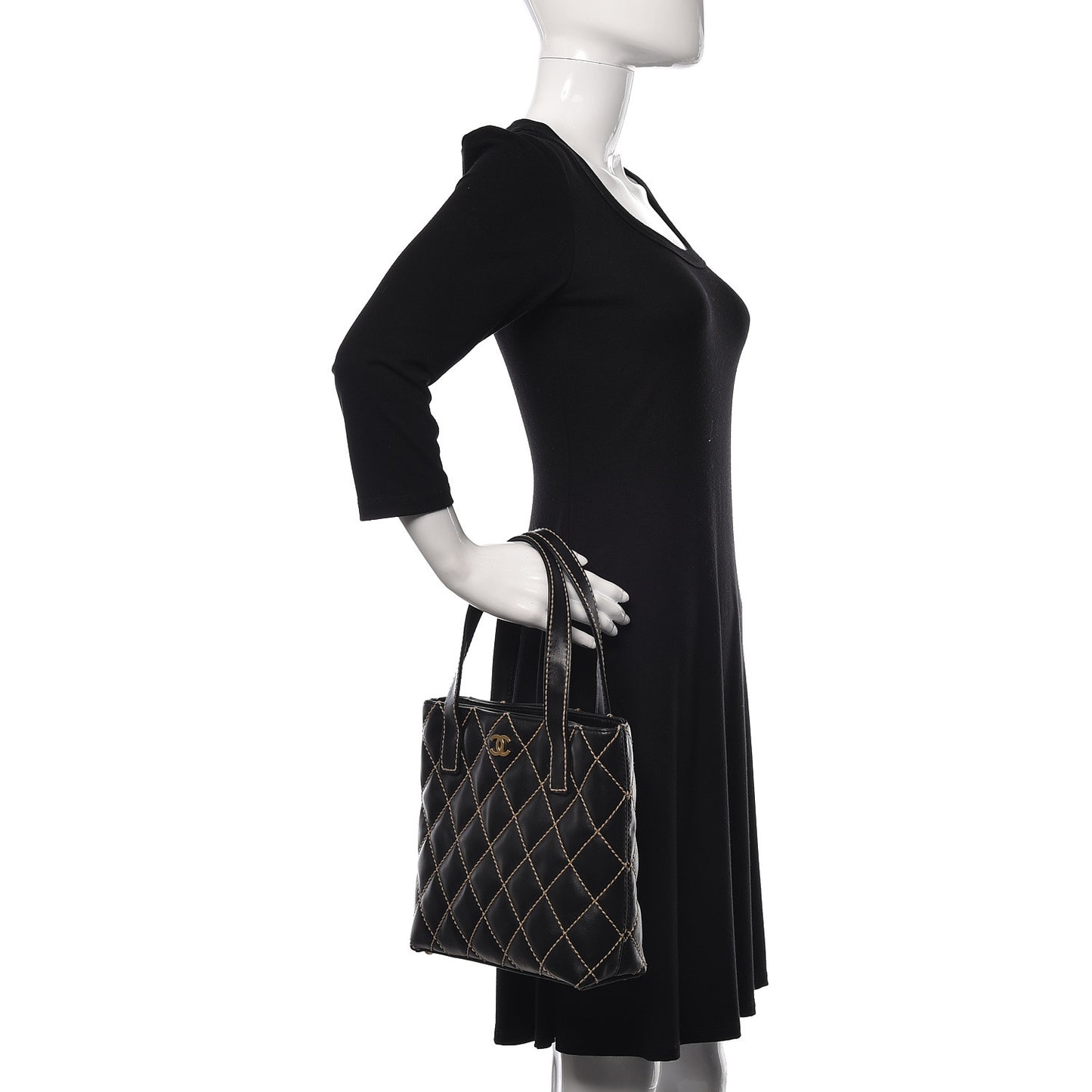 Calfskin Contrast Stitch Surpique Tote Black