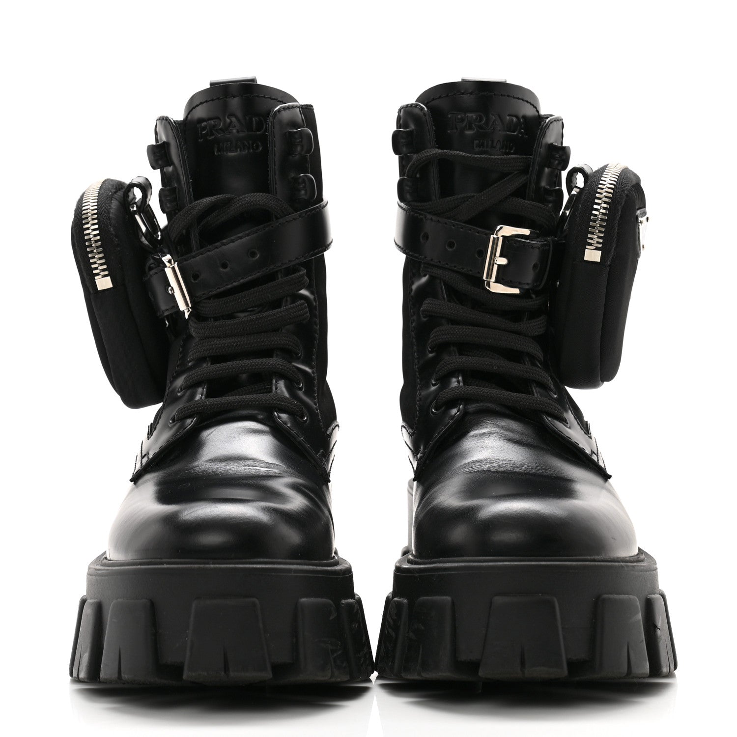Prada Spazzolato Rois Re-Nylon Metal Triangle Logo Monolith Pouch Pocket 55mm Boots 35.5 Black 2 of 11